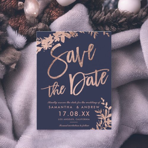 Rose Gold script floral navy blue save the date Announcement Postcard