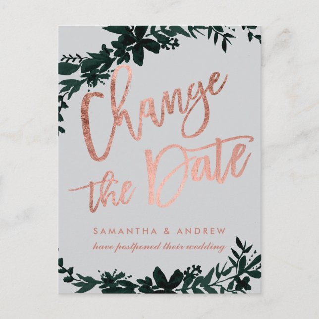 Rose gold script Floral postponed change the date Announcement Postcard (Front)