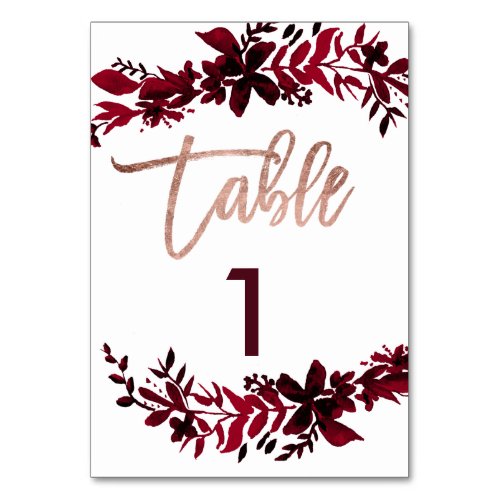 Rose gold script Floral red wedding table number - Rose gold script Floral green fall red burgundy wedding table number with hand painted red watercolor foliage leaves and elegant rose gold typography. The white color background is fully customizable