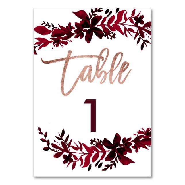 Rose gold script Floral red wedding table number (Front)