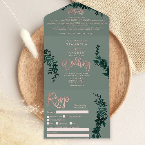 Rose gold script Floral sage green elegant wedding All In One Invitation