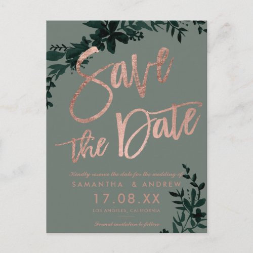 Rose gold script Floral sage green save the date Announcement Postcard