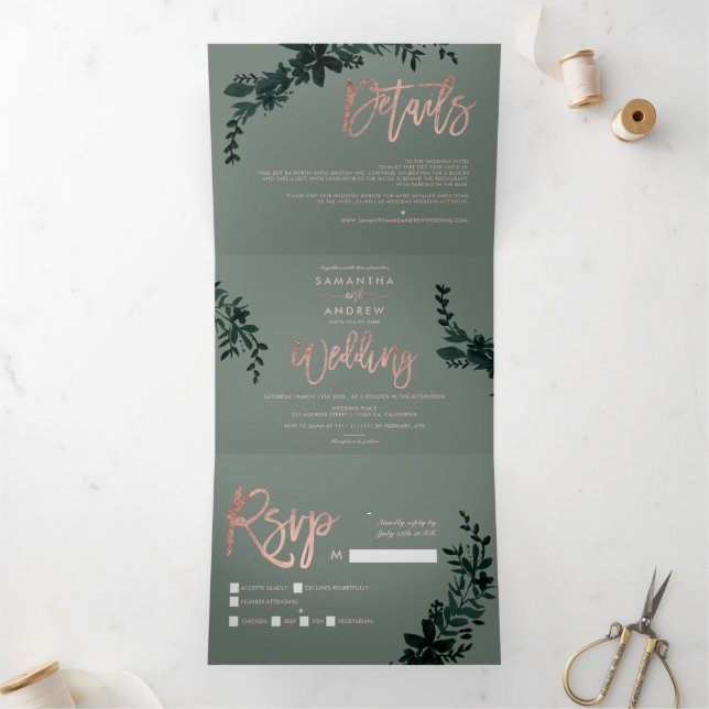 Rose gold script Floral sage green wedding Tri-Fold Invitation (Inside)