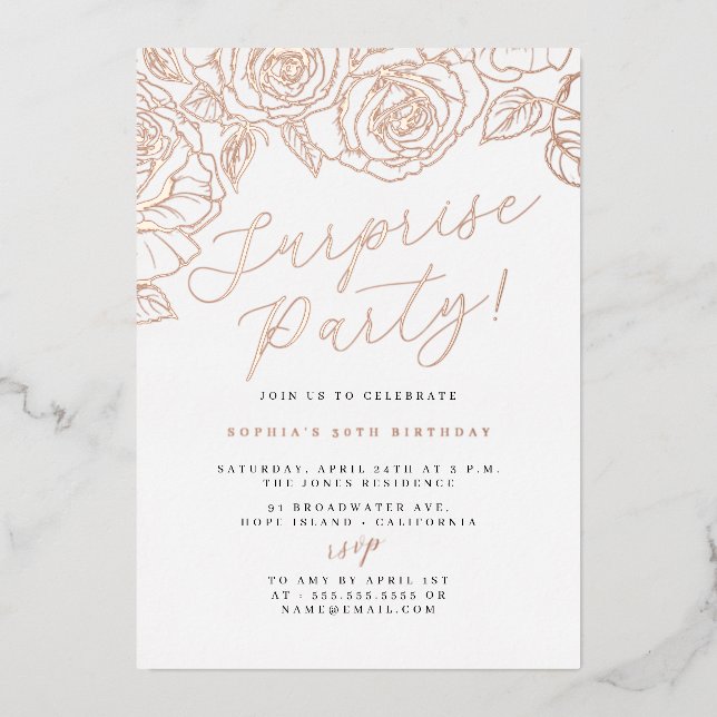 Rose Gold Script Floral Surprise Party Foil Invitation (Front)