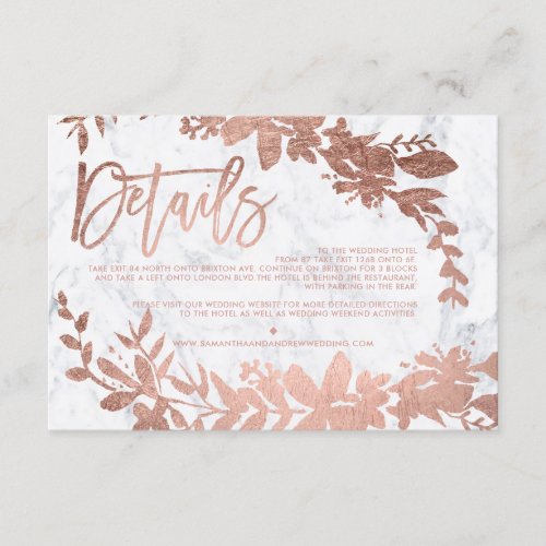 Rose Gold script floral white marble direction Enclosure Card