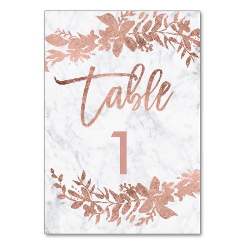 Rose gold script Floral white marble table number