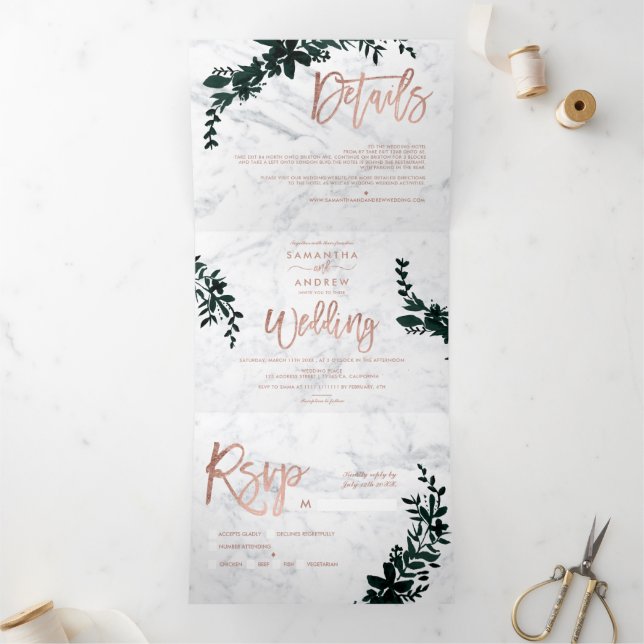 Rose gold script Floral white marble wedding Tri-Fold Invitation (Inside)