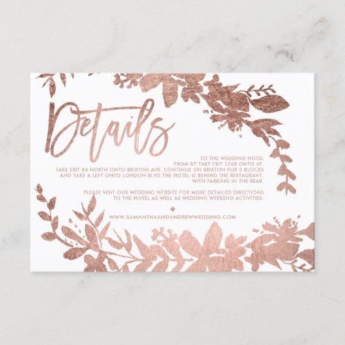 Rose Gold script floral white wedding direction Enclosure Card