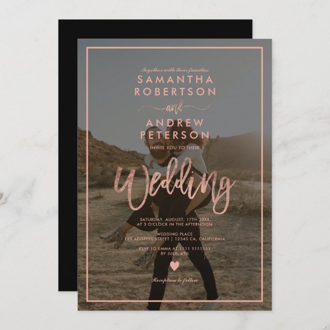 Rose gold script frame photo wedding invitation (Front/Back)
