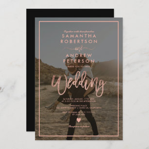 Rose gold script frame photo wedding invitation
