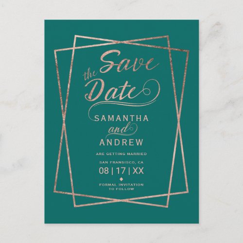 Rose gold script geometric green save the date announcement postcard