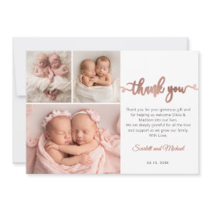 Rose Gold Script Girl Twins Babies 3 Photo Collage Thank You Card