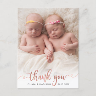 Rose Gold Script Girl Twins Baby Photo Thank You Postcard