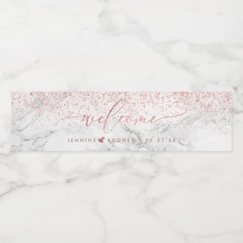 Rose Gold Script Glitter Marble Welcome Water Bottle Label