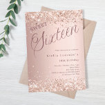 Rose gold script glitter Sweet 16 Invitation<br><div class="desc">A modern Sweet 16 invitation. Rose gold gradient background and the word Sixteen written with large letters. Decorated with faux glitter,  sparkles. Personalize and add a name and party details.</div>
