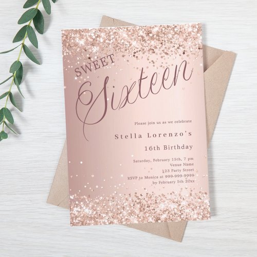 Rose gold script glitter Sweet 16 luxury Invitation