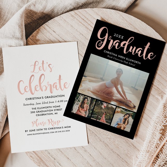 Rose Gold Script Graduate 4 Photo Collage Invitation (Creator Uploaded)