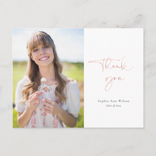 Rose Gold Script Graduation Thank You with Photo Postcard