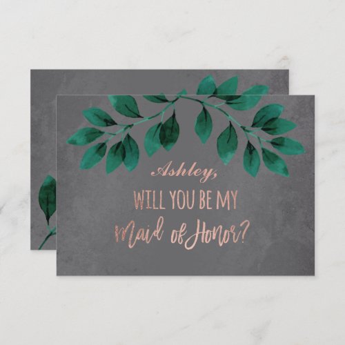 Rose gold script green leaf be my maid of honor invitation