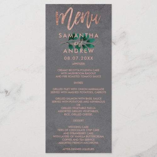 Rose gold script green leaf cement wedding menu