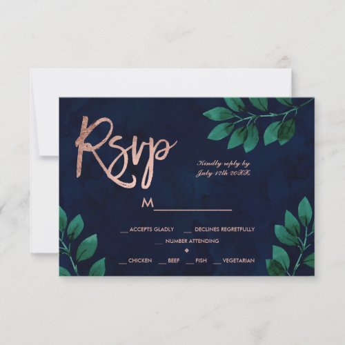 Rose gold script green leaf navy blue rsvp wedding