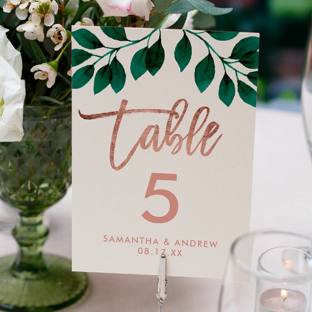 Rose gold script green leaf white table number (Creator Uploaded)