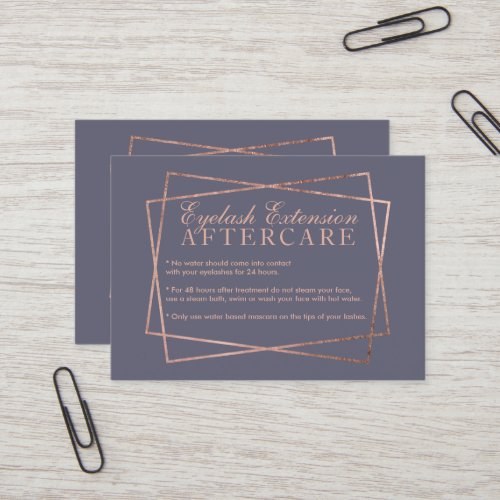 Rose gold script grey purple eyelash aftercare business card