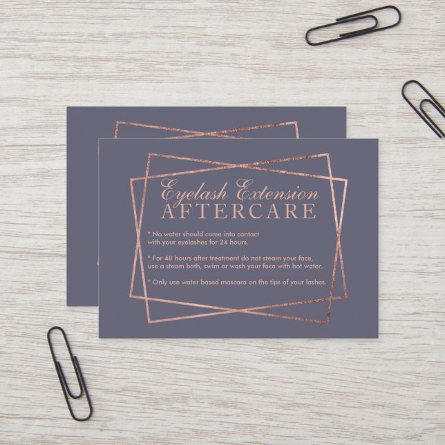 Rose gold script grey purple eyelash aftercare business card (Front/Back In Situ)