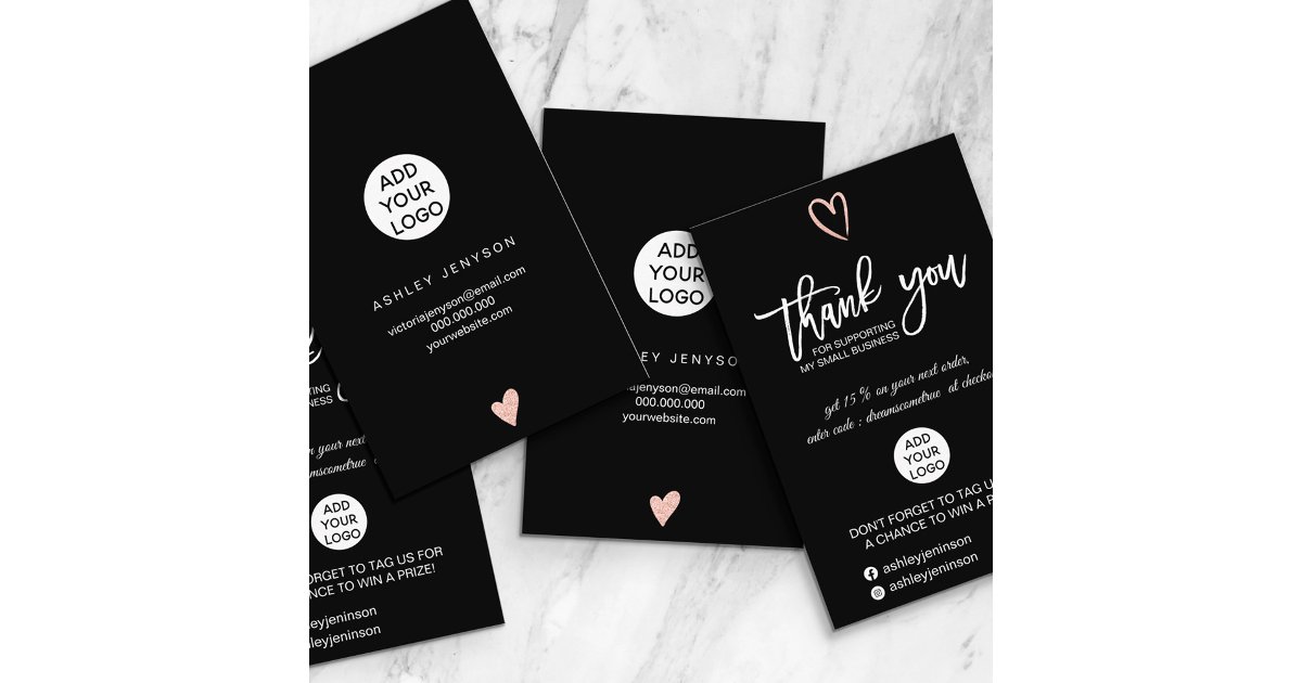 Rose gold script heart black logo order thank you business card | Zazzle