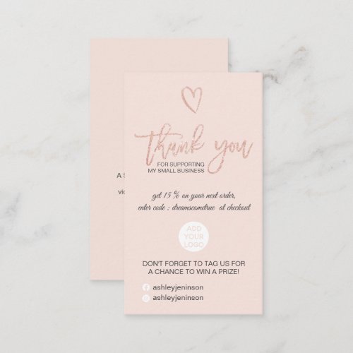 Rose gold script heart blush logo order thank you business card