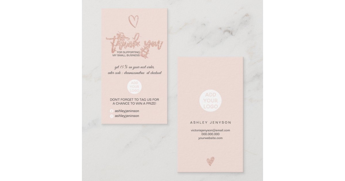 Rose gold script heart blush logo order thank you business card | Zazzle