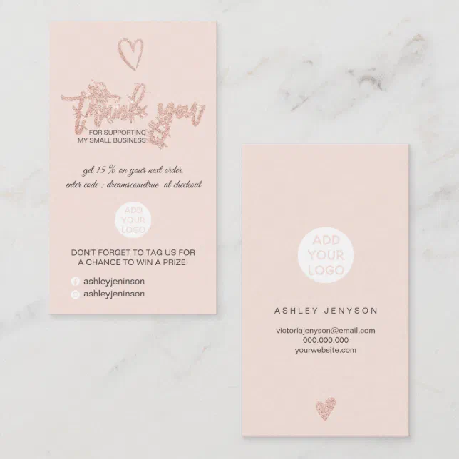Rose gold script heart blush logo order thank you business card | Zazzle
