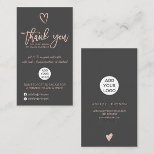 Rose gold script heart gray logo order thank you business card