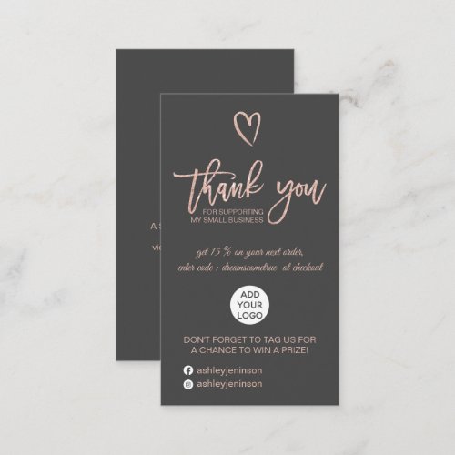 Rose gold script heart gray logo order thank you business card