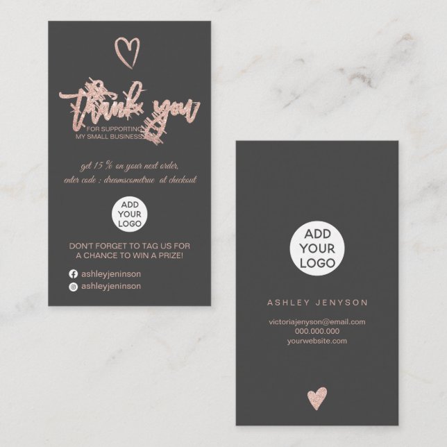 Rose gold script heart gray logo order thank you business card (Front/Back)