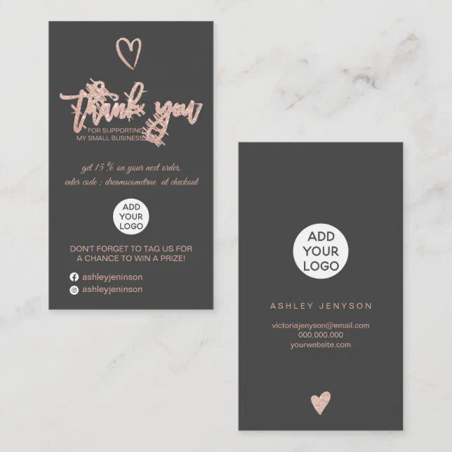 Rose gold script heart gray logo order thank you business card | Zazzle