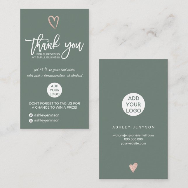 Rose gold script heart green logo order thank you business card (Front/Back)