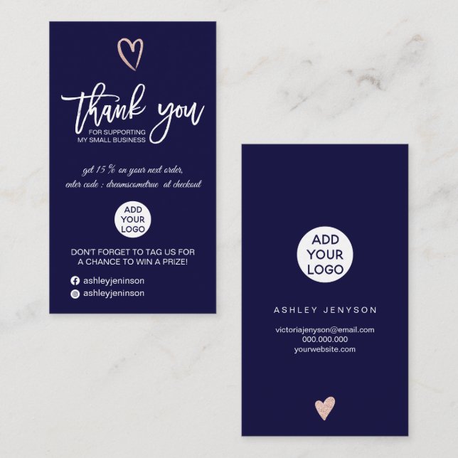 Rose gold script heart navy logo order thank you business card (Front/Back)