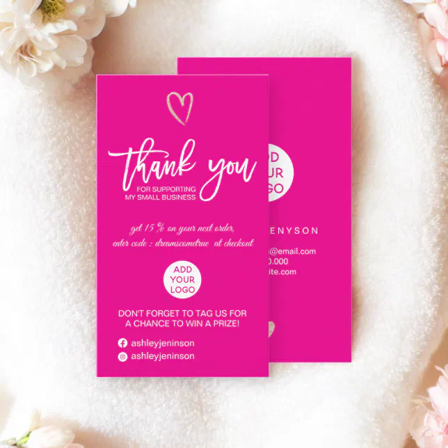 Rose gold script heart pink logo order thank you business card | Zazzle