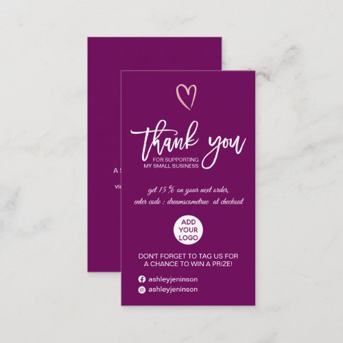 Rose gold script heart plum logo order thank you business card