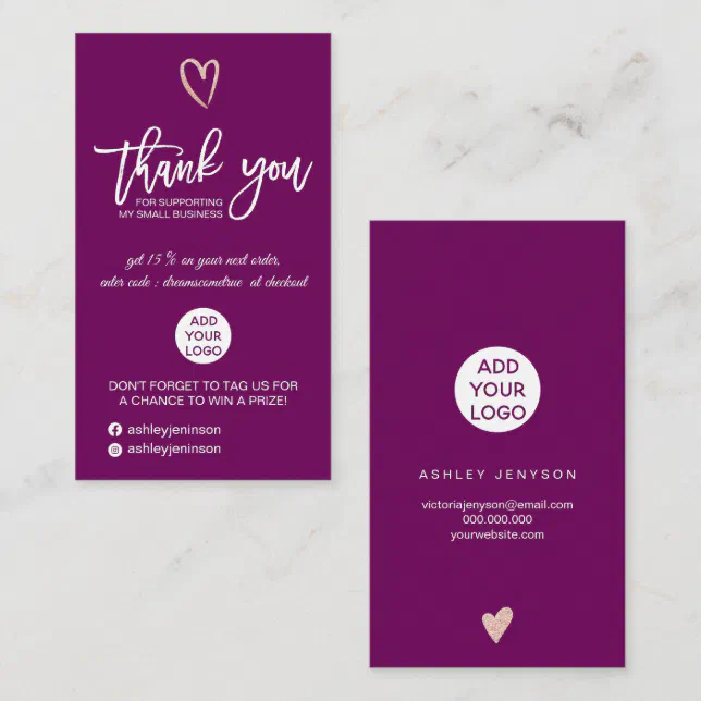 Rose gold script heart plum logo order thank you business card | Zazzle
