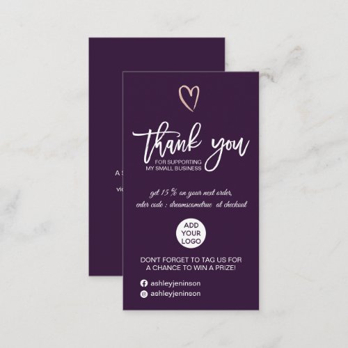 Rose gold script heart purple logo order thank you business card