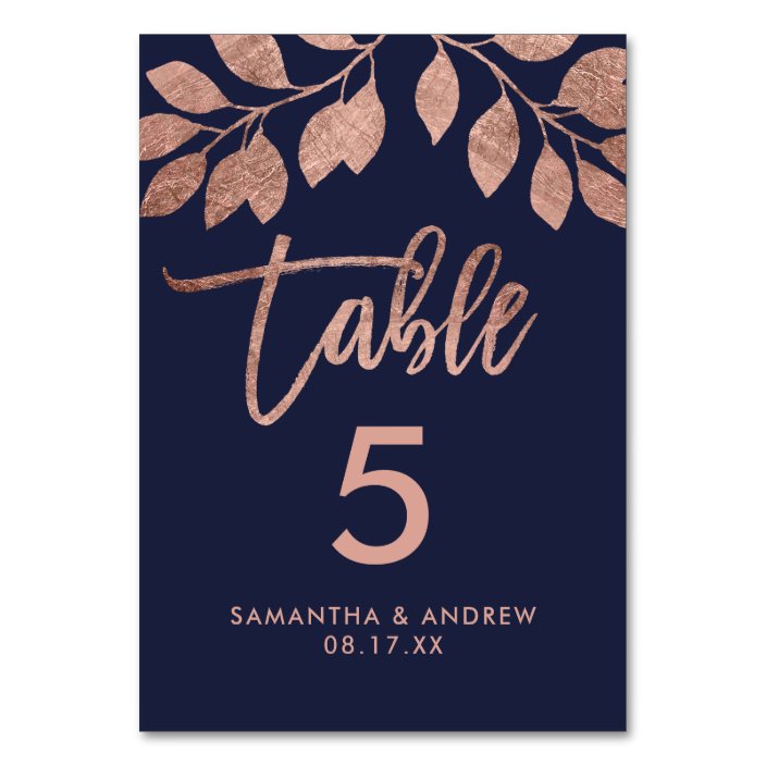 Rose gold script leaf navy blue table number | Zazzle.com