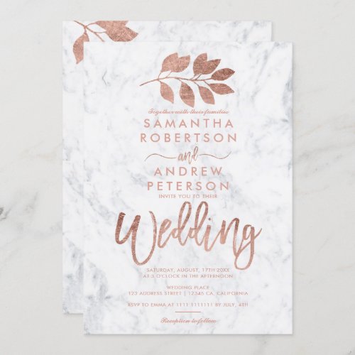 Rose gold script leaf white marble wedding invitation