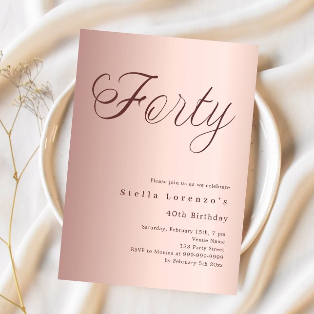 Rose gold script luxury 40th birthday invitation (Creator Uploaded)
