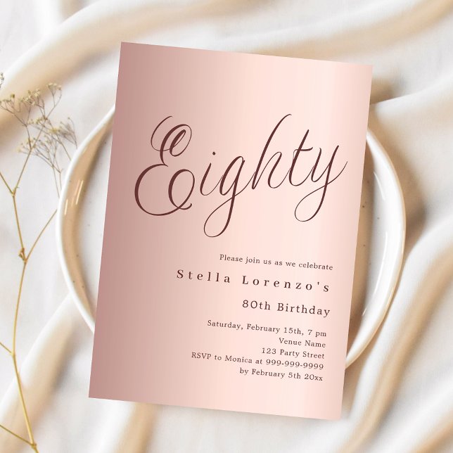 Rose gold script luxury 80th birthday invitation (Creator Uploaded)