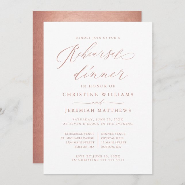 Rose Gold Script Metallic Wedding Rehearsal Dinner Invitation (Front/Back)