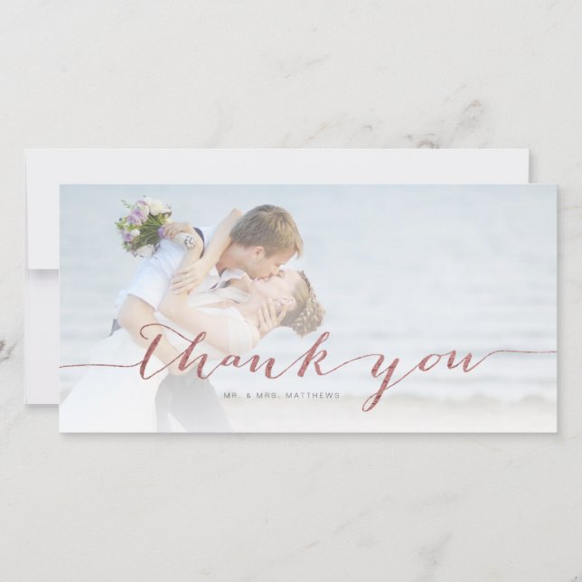 Rose Gold Script Minimal Wedding Photo Thank You Card (Front)