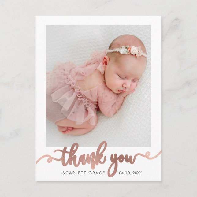 Rose Gold Script Minimalist Baby Photo Thank You Postcard (Front)