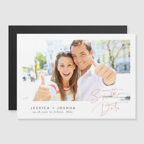 Rose Gold Script Minimalist Photo Save the Date Magnetic Invitation